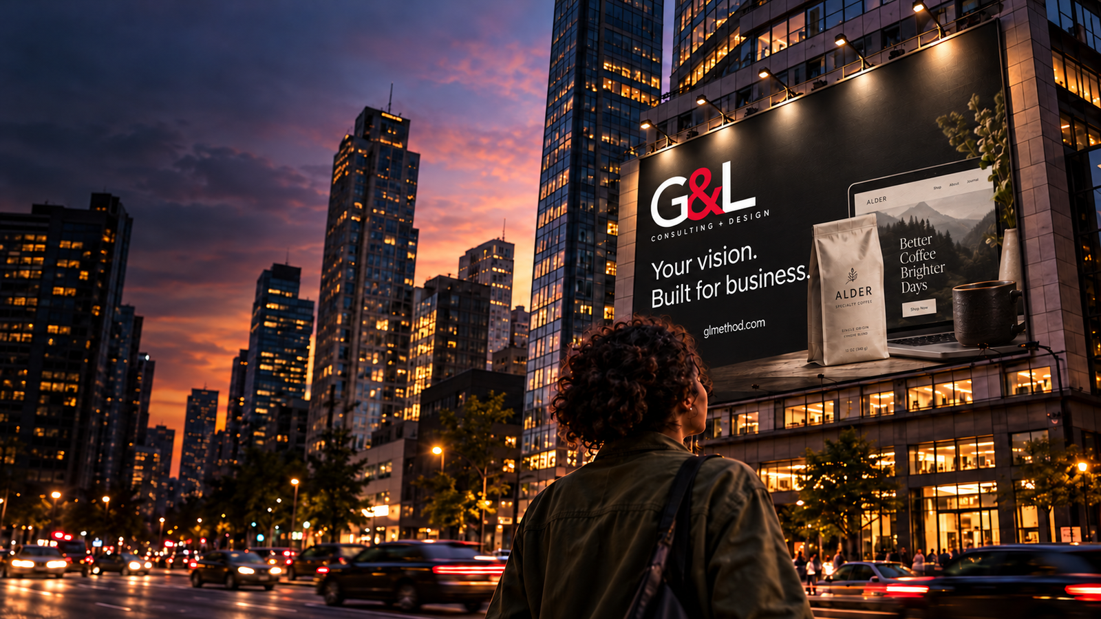 The founder discovers a G&L billboard in the city at dusk.