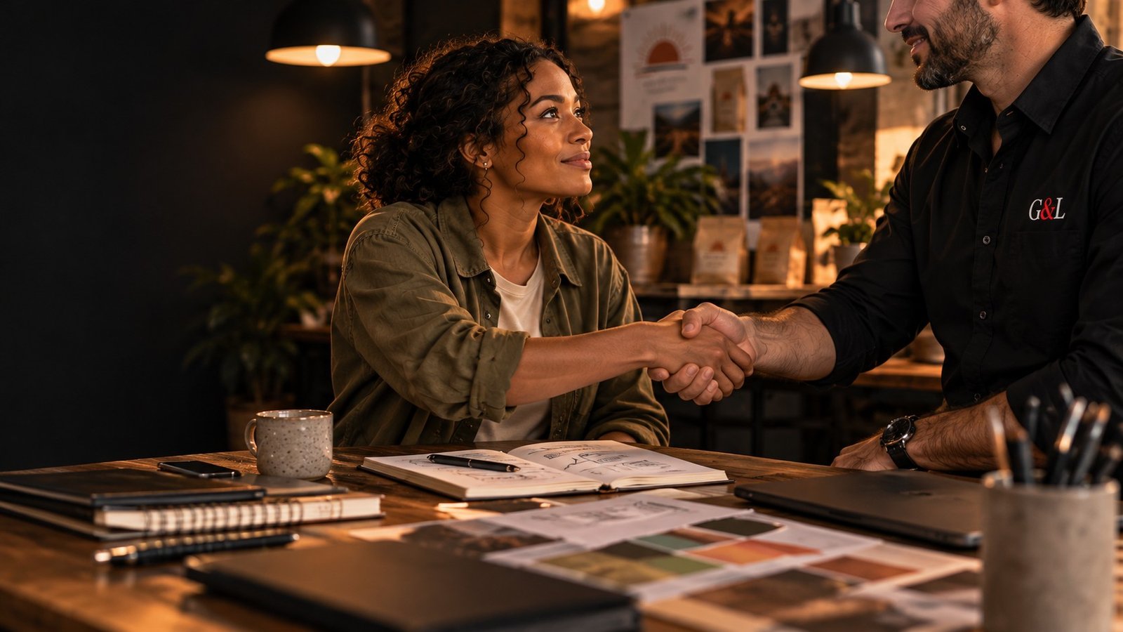 The founder shakes hands with a designer wearing a G&L button-up shirt.