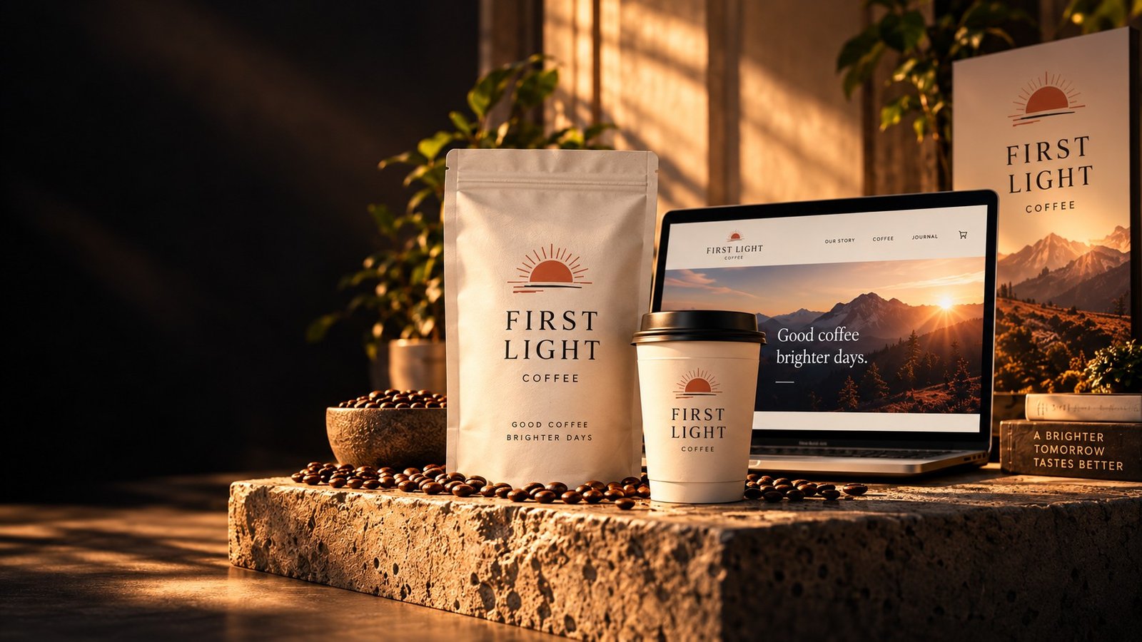 The finished First Light Coffee packaging, website, and campaign are revealed together.